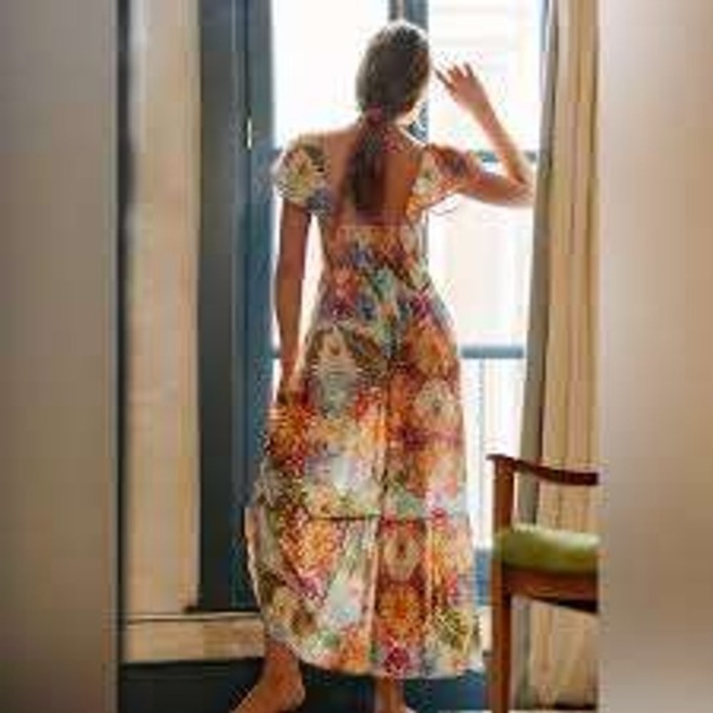 Moxy Anthropologie Womens Floral Boho Flutter Smocked Cottage Maxi Dress - Picture 2 of 10